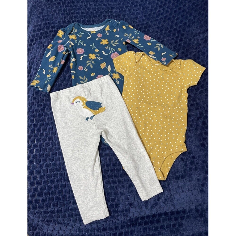 Baby Girl 3pc Longsleeve Pants Fall Outfit 9 Month Carters Floral Bird Polka Dot